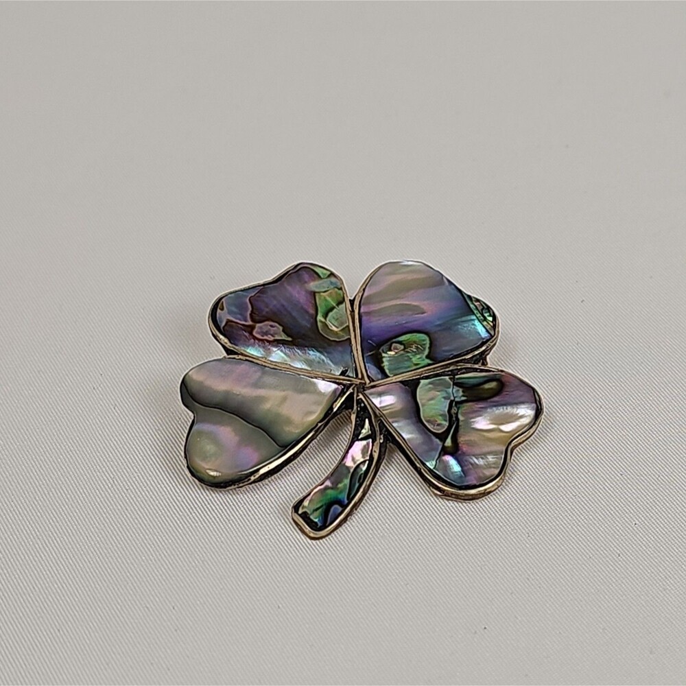 Vintage Taxco 925 Sterling Silver Abalone Four Leaf Clover Brooch Pin Mexico